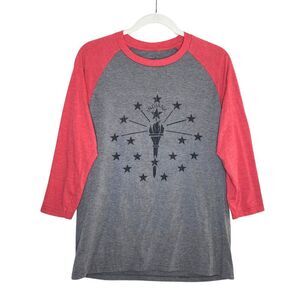 Home Grown Indiana State Flag Raglan Sleeve T-Shirt Small Red Gray IN Soft Tee